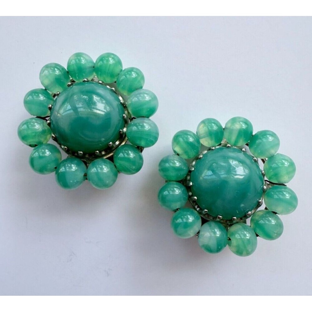 Vintage Mid-Century French Couture Faux Jade Glass Bead & Cabochon Earrings